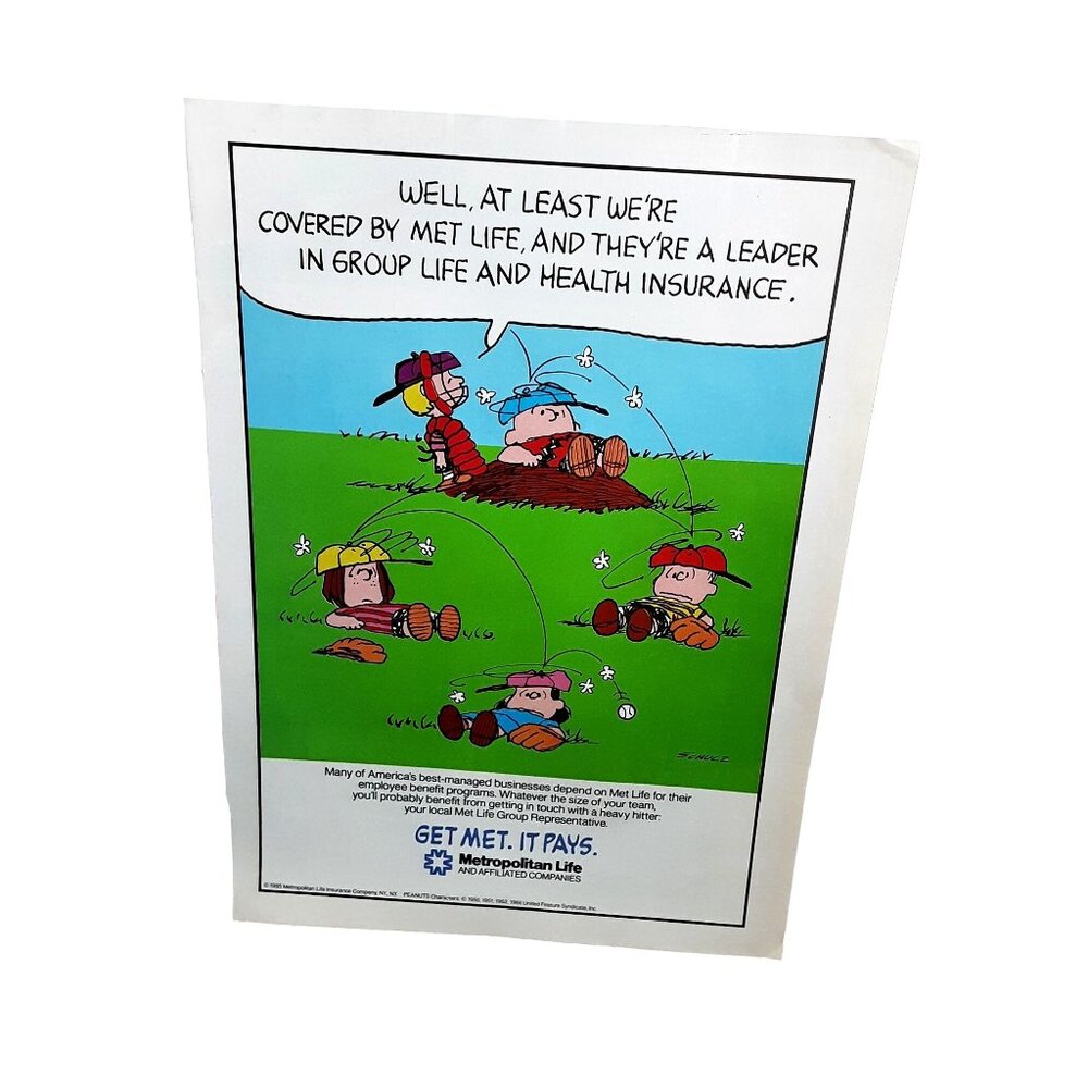 1985 Metropolitan Life Charlie Brown Peanuts Schulz Baseball Original Print Ad v